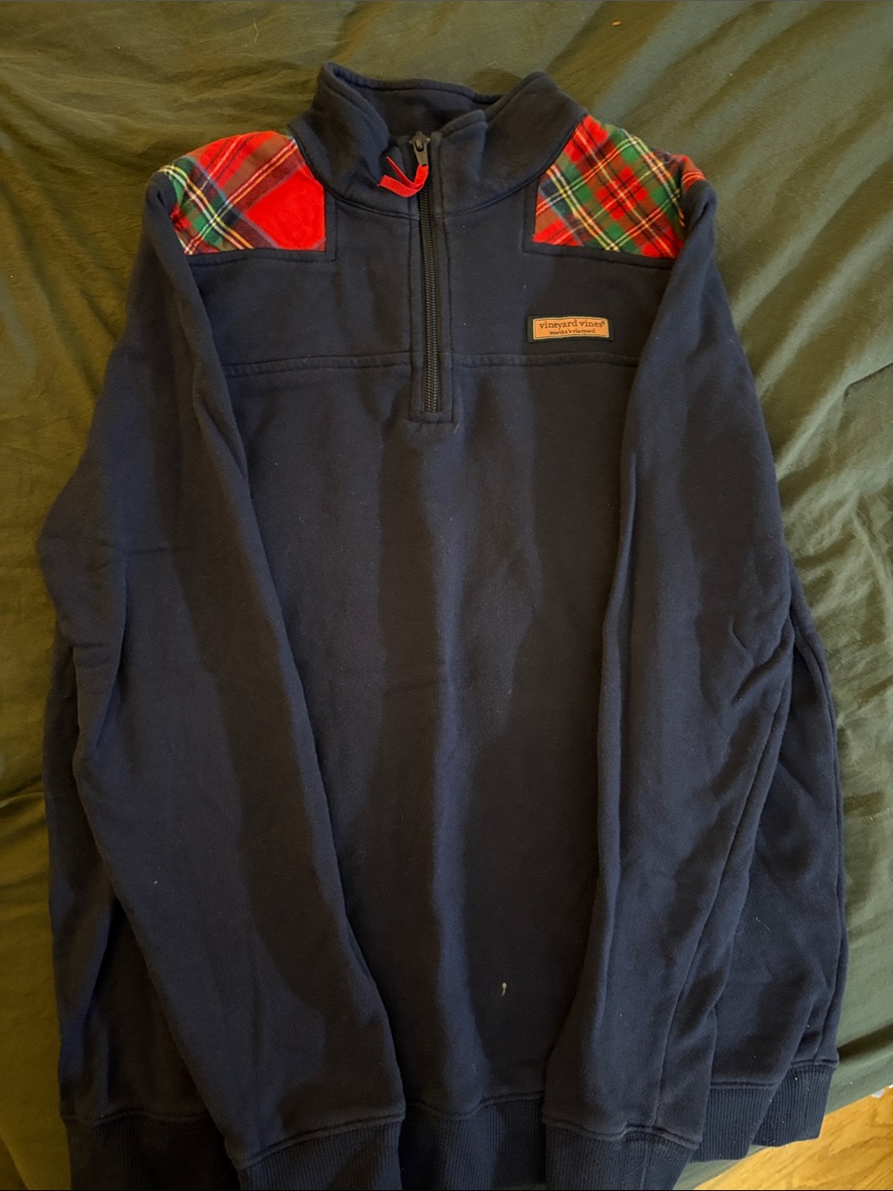 Vineyard Vines Navy Quarter-Zip Pullover with Red Tartan Shoulder Panels